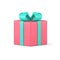 Surprise gift 3d packaging vector icon. Pink box with green bow and festive ribbons.