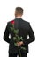 Surprise. happy valentines day. male formal fashion. handsome man hide rose behind back. prepare surprise for romantic