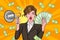 Surprise shocking successful business woman holding megaphone and Falling Money say WOW OMG Pop art retro comic