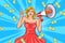 Surprise shocking successful business woman holding megaphone and Falling Money say WOW OMG Pop art retro comic style