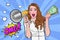Surprise shocking successful business woman holding megaphone and Falling Money say WOW OMG Pop art retro comic style