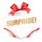 Surprise white gift box with red ribbon, and colorful confetti isolated on background.