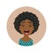 Surprised Afro American woman avatar. Astonished African girl emoticon. Cute amazed dark-skinned person facial expression