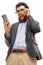 Surprised bearded man looking at a phone