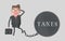 Surprised businessman tied to a big metal ball with the Word TAXES. Isolated. 3d Illustration