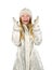Surprised cheerful snow maiden on a white background.