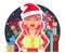 Surprised christmas cute cartoon girl hold light gift box in hands new year pile of gifts background flat design