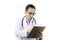 Surprised doctor checks patient`s medical record on clipboard, diagnosis concept