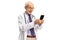 Surprised elderly doctor using a phone