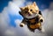 Surprised funny cat jumps with a parachute against the background of blue sky and clouds. AI generated