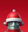 Surprised funny robot in Santa hat headshot over red background, Christmas sale concept. Generative AI illustration with copy