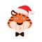 Surprised funny tiger head in Santa hat