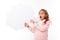 Surprised girl with a banner in the form of a cloud with a layout on a white background