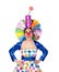 Surprised girl clown with a big colorful wig