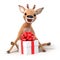 Surprised little cartoon deer with a gift