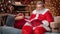 Surprised male in Santa Claus costume reading Christmas wish list in red book. 4k Dragon RED camera