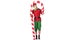 surprised man in christmas elf costume standing under big candy cane isolated