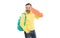 surprised man in yellow hoody with skateboard. adult skateboarder. male casual hipster style