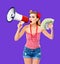 Surprised pinup girl. Happy excited woman, holding money banknotes and megaphone, pin up style. Violet purple background