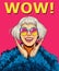 Surprised Pop Art fashion woman in glasses. Smiling amazed girl with open mouth in comic style.