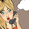 Surprised pop art woman chating on retro phone . Comic woman wi