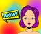 Surprised pop art woman and text wow. Violet hair female face. Vector background in comic retro style