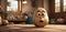 A surprised potato sits on hardwood flooring in a room