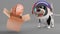 Surprised puppy dog in spacesuit watches a brain rise out of box, 3d illustration