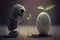 Surprised robot looks at a small sprout in an egg. concept of opposition between living and artificially created