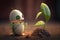 Surprised robot looks at a small sprout in an egg. concept of opposition between living and artificially created
