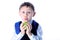 Surprised schoolboy with apple