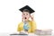 Surprised schoolboy in student hat raised index finger up. Concept idea or insight in child. Excellent student. White background