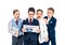 Surprised schoolchildren pretending to be businesspeople reading newspaper Isolated On White.