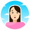 Surprised, shocked girl; round icon on a background of sky and clouds.