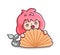 Surprised and shocked mermaid hiding behind a big sea shell. Kawaii cartoon character.
