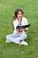 surprised teen girl read book sitting on grass. reading book. reader girl with book outdoor