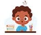 Surprised thoughtful black boy at table with books and stationery, pencils. Vector illustration in cartoon style. Male