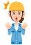 Surprised woman in blue workwear wearing a helmet