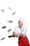 Surprised woman-cook frying pan catches money