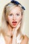 Surprised woman face, girl retro style open mouth facial expression