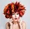 Surprised Woman Fashion Model with Fall Leaves Wreath, Autumn Po