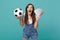 Surprised woman football fan with opened mouth support favorite team with soccer ball, fan of money in dollar banknotes