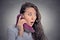 Surprised woman holding high heeled shoe in hand as phone