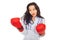 Surprised woman looking at boxing glove