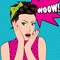 Surprised woman in pop art style with Wow sign.