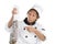 Surprising chef in uniform holding big freezing fish on white