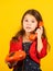 Surprising news. Little talker. Retro style. Communication concept. Shopping online. Retro girl speak phone. Kid talking