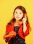 Surprising news. Little talker. Retro style. Communication concept. Shopping online. Retro girl speak phone. Kid talking