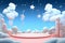 A surreal 3D cartoon podium beneath a dreamy sky filled with clouds and stars