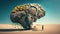 Surreal 3d rendering of a human brain in the desert.